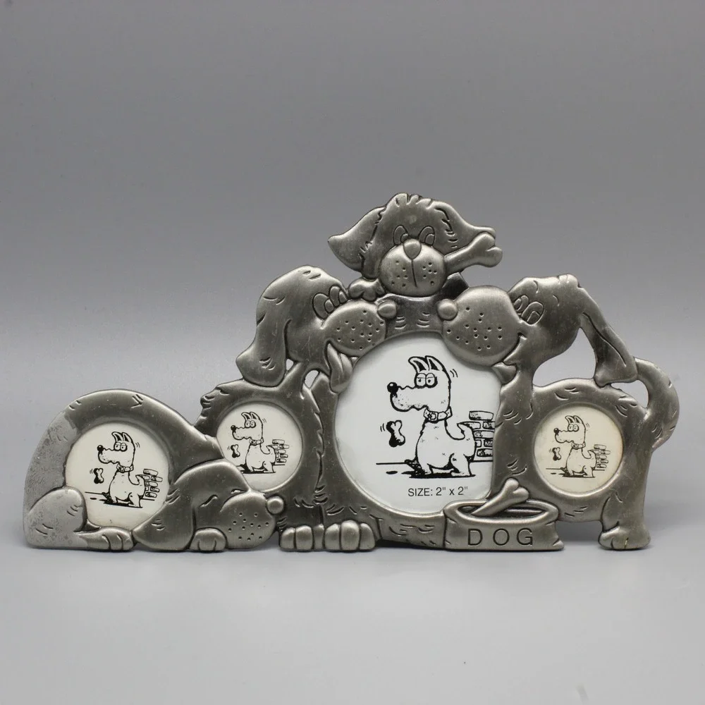 Pewter Dog Multi Photo Frame 4 Opening Puppy Cartoon Silver Tabletop Decor